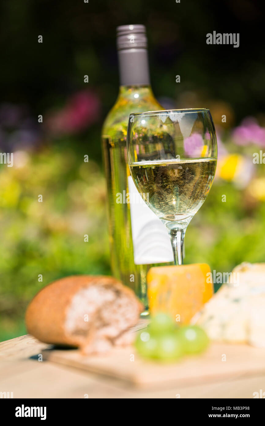 Selezione di colore rosso e verde UVA con un vassoio di formaggi in legno che serve di bordo su una giornata di sole Foto Stock