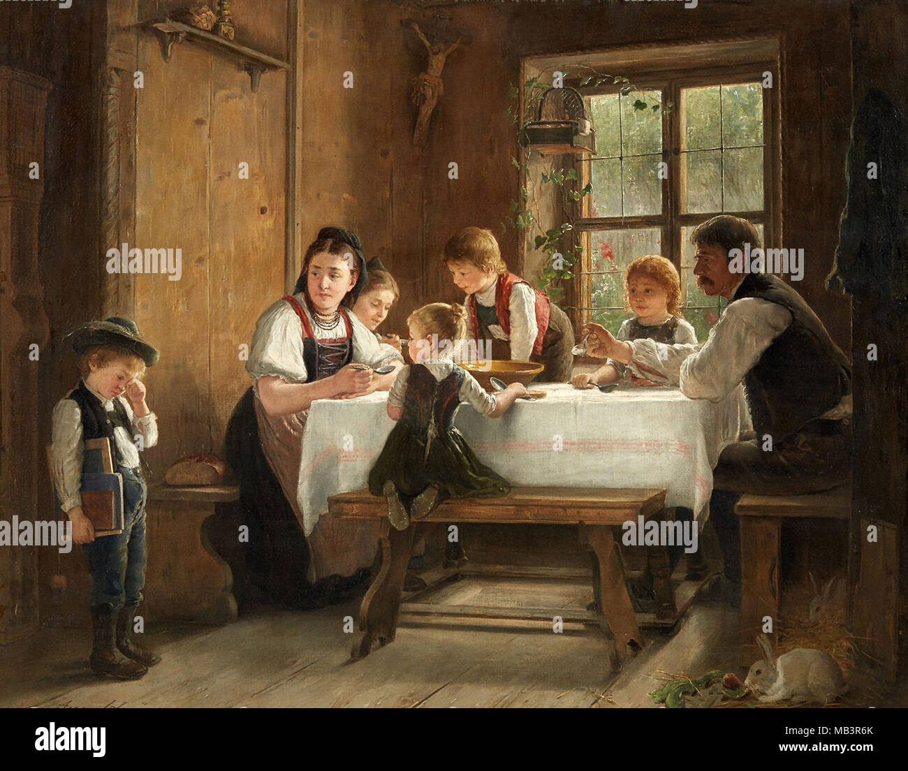 Heyn Agosto - una famiglia contadina a loro pasto con un ragazzo di pianto Foto Stock