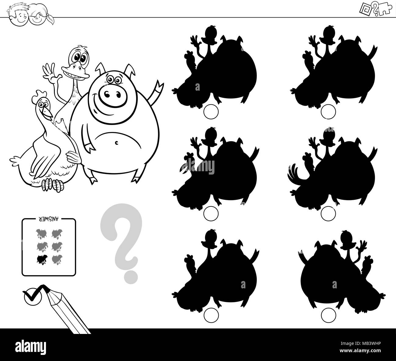 Bianco e Nero Cartoon illustrazione di trovare l'ombra senza differenze di attività educative per i bambini con la Fattoria degli animali gruppo di caratteri col Illustrazione Vettoriale