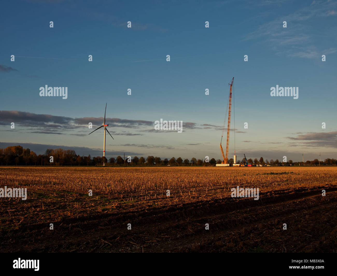 La costruzione di un nuovo impianto eolico con una grande gru giallo al tramonto Foto Stock