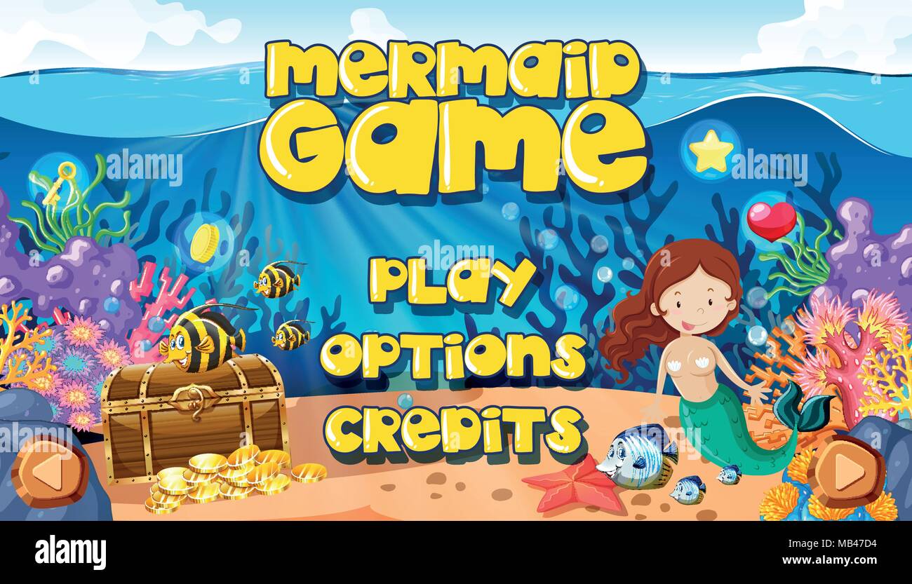 Un Mermaid Underwater World gioco Themplate illustrazione Illustrazione Vettoriale