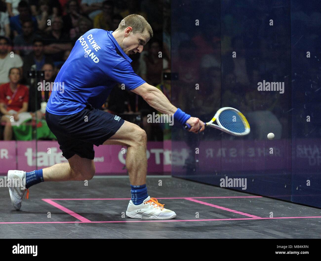 Alan Clyne (SCO). Mens singles quarti di finale. Campi da squash. XXI Giochi del Commonwealth. Oxenford studios. Costa d'Oro 2018. Queensland. Australia. 07/04/2018. Foto Stock