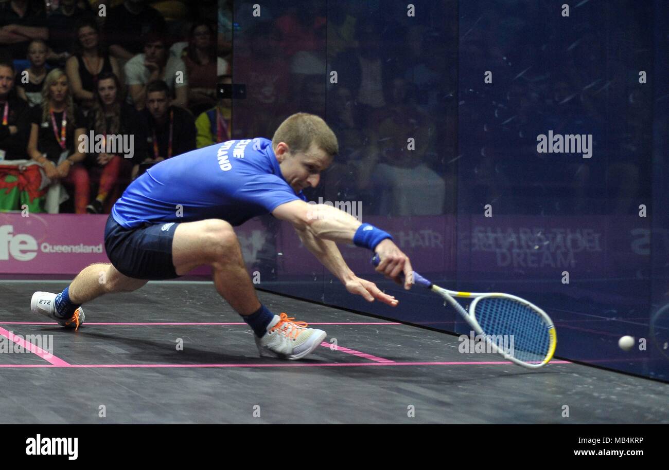 Alan Clyne (SCO). Mens singles quarti di finale. Campi da squash. XXI Giochi del Commonwealth. Oxenford studios. Costa d'Oro 2018. Queensland. Australia. 07/04/2018. Foto Stock