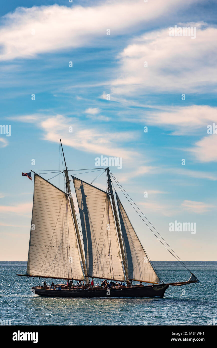 Barca a vela con completamente truccate vele una crociera su un oceano tranquillo sotto un nuvoloso cielo blu in una vista laterale concettuale del vacanze estive Foto Stock