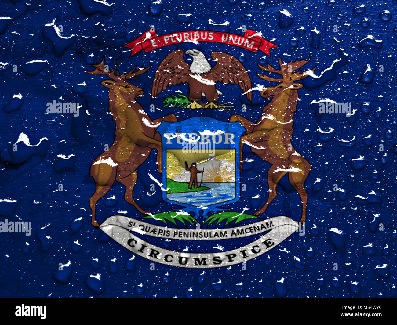 Bandiera del Michigan con gocce di pioggia Foto Stock