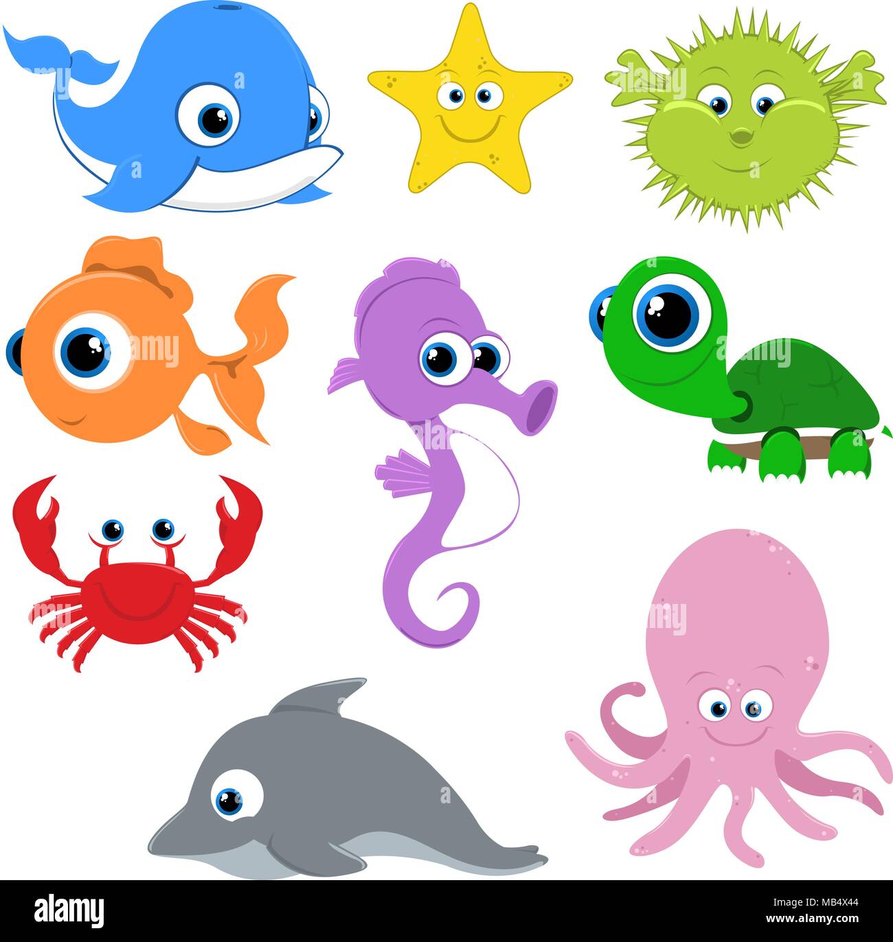 Varie illustrazioni vettoriali di creature del mare cercando felice. Ogni illustrazione globale utilizza i campioni di colore per commutazione facilmente il colore di qualsiasi animale Illustrazione Vettoriale
