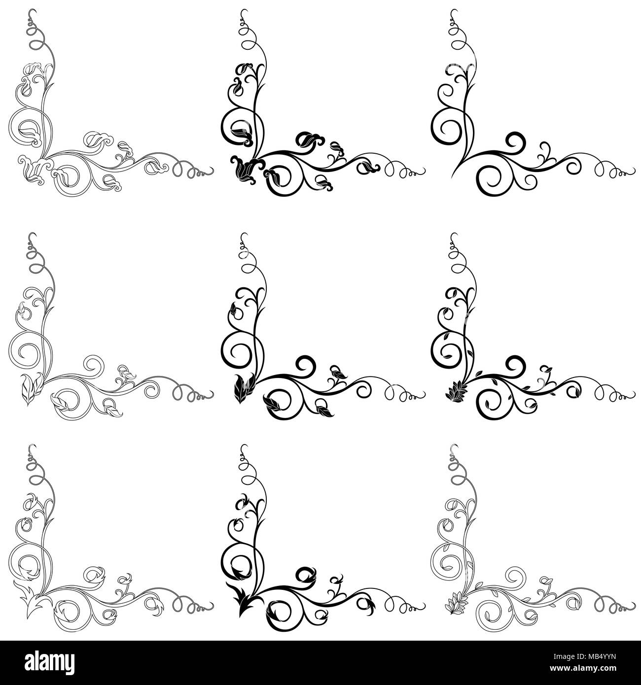 Set di nove swirl design ad angolo elementi isolati su sfondo bianco, illustrazione vettoriale Illustrazione Vettoriale