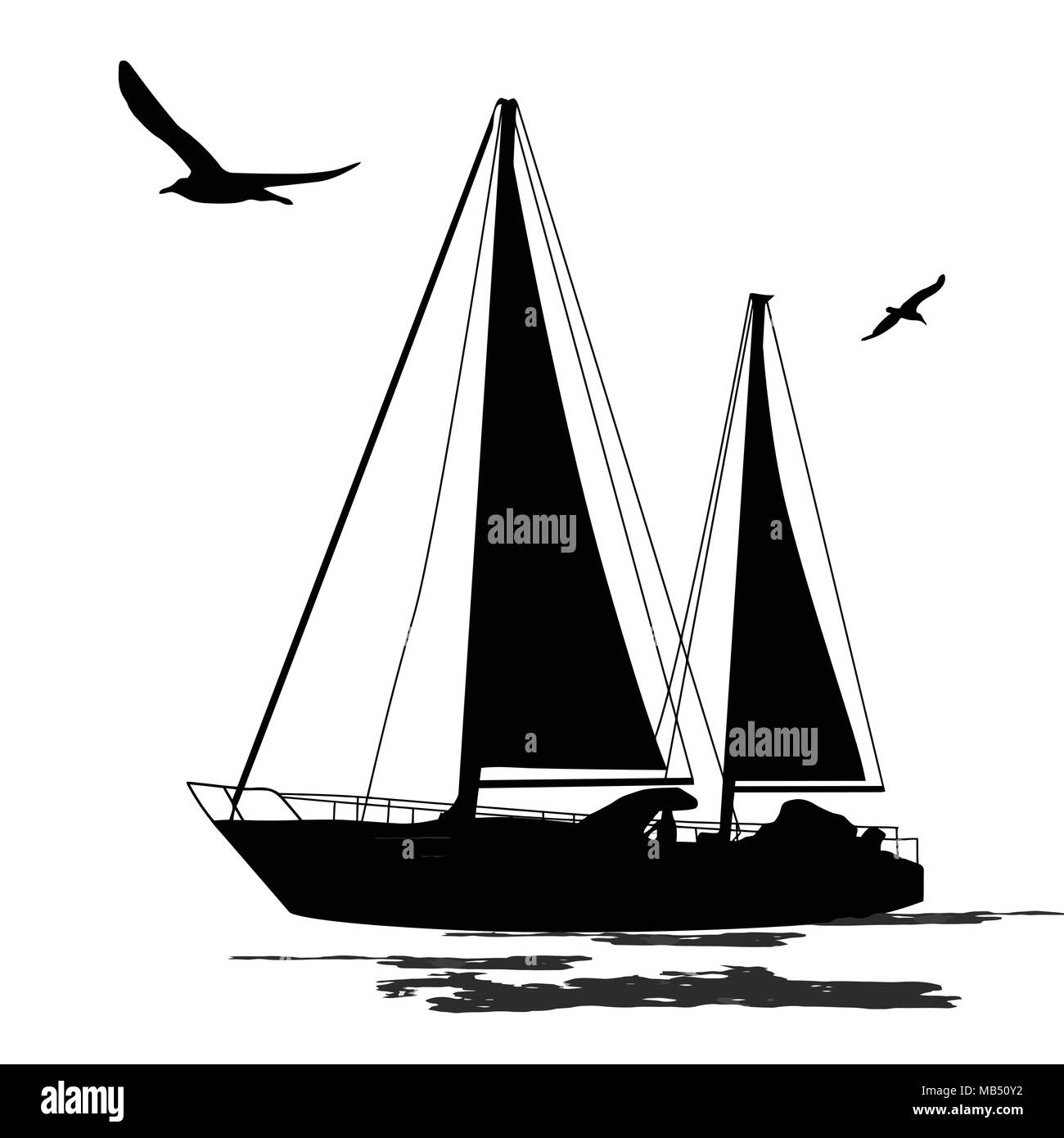 Barca a vela silhouette con uccelli su sfondo bianco, illustrazione vettoriale Illustrazione Vettoriale