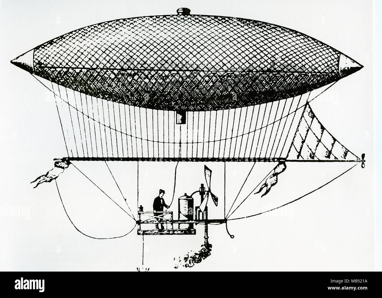 Vapore sterzabile zeppelin costruito da Henri Giffard, nel 1852 a Parigi, il primo volo del passeggero nel mondo Foto Stock