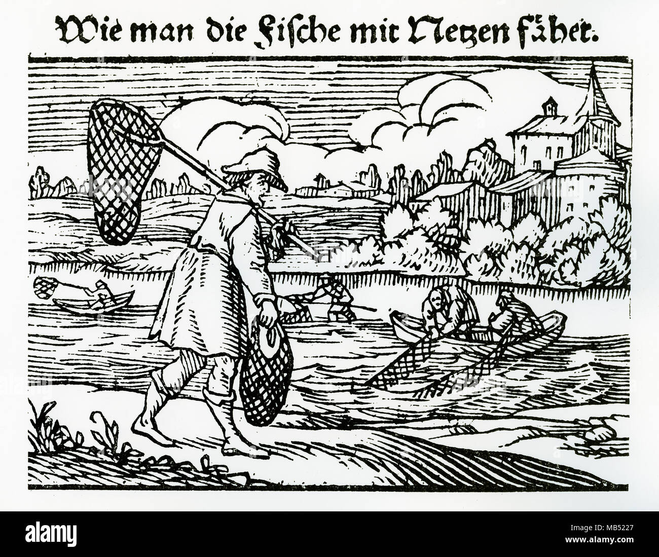 I pescatori con rete da pesca, xilografia, XVI secolo Foto Stock