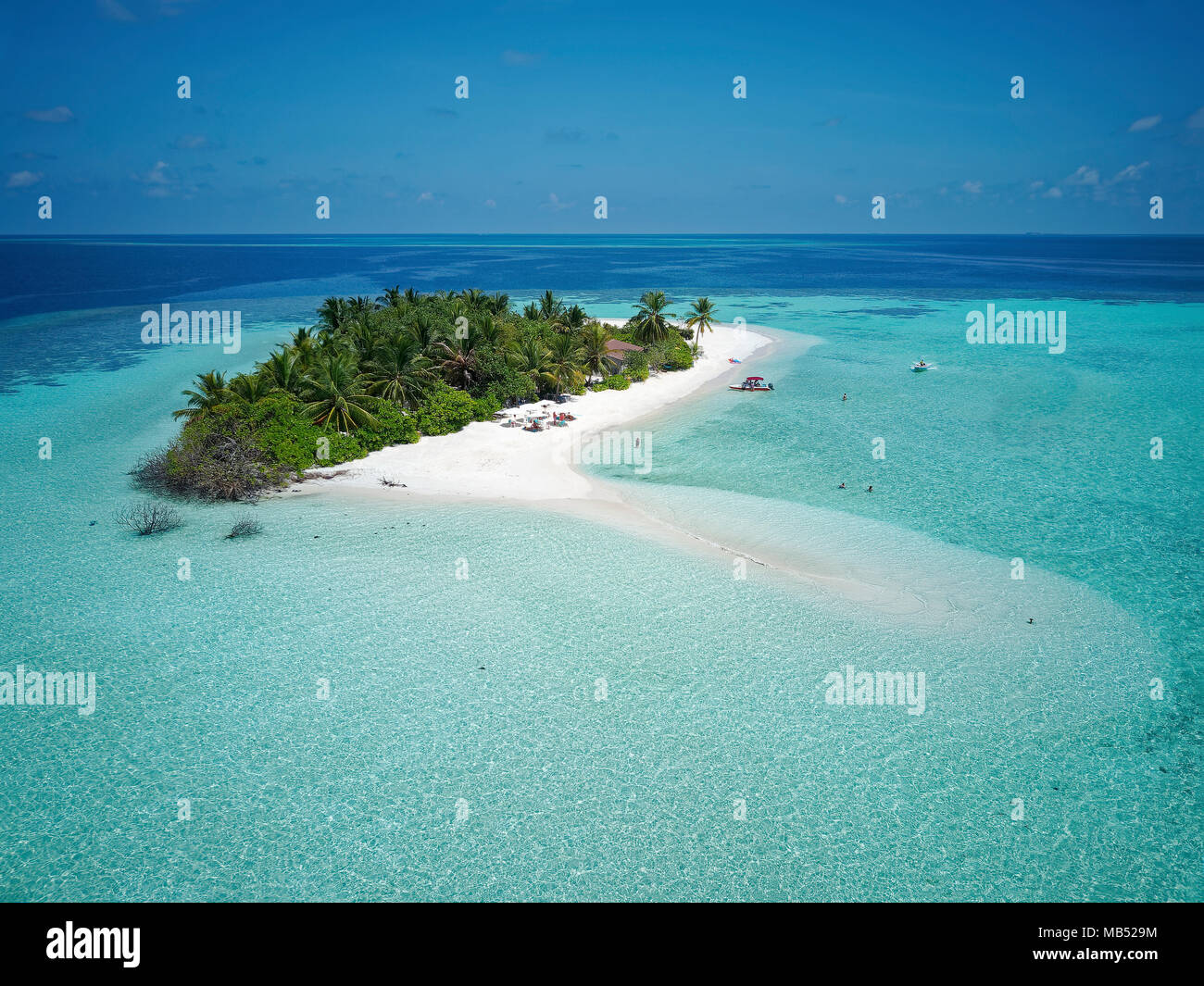 I turisti su disabitata palm island, spiaggia sabbiosa tutto intorno, offshore Coral reef, Ari Atoll, Oceano Indiano, Maldive Foto Stock