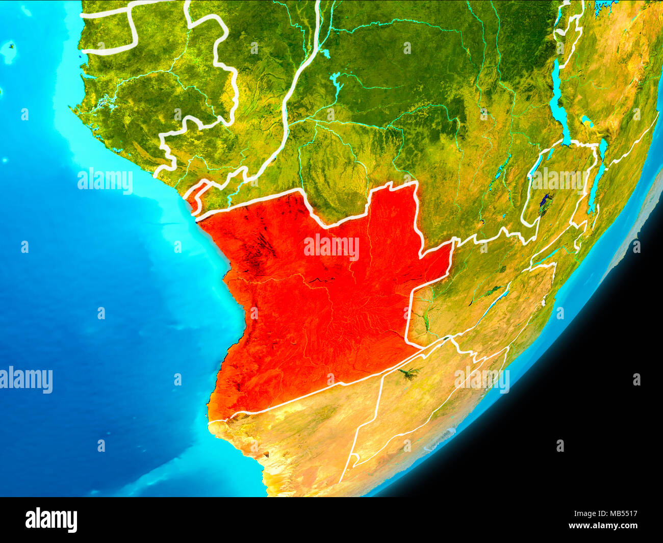 Mappa di Angola in rosso come visto dallo spazio sul pianeta Terra con linee di demarcazione bianco. 3D'illustrazione. Gli elementi di questa immagine fornita dalla NASA. Foto Stock