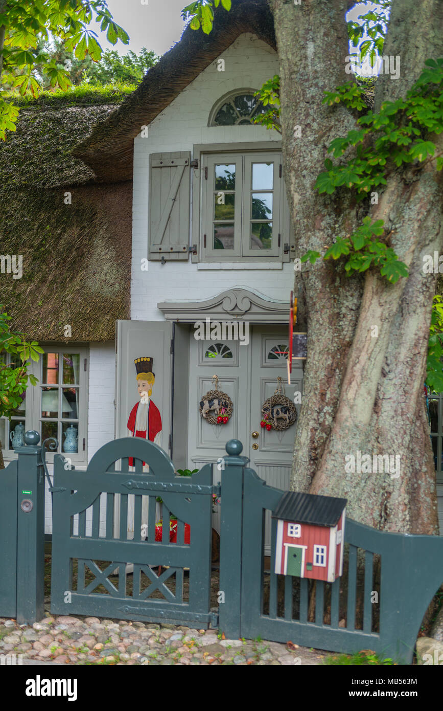 Frisone tradizionale casa con tetto di paglia, Keitum, nel Mare del Nord dell'isola di Sylt, Schleswig-Holstein, Germania del Nord, Europa Foto Stock