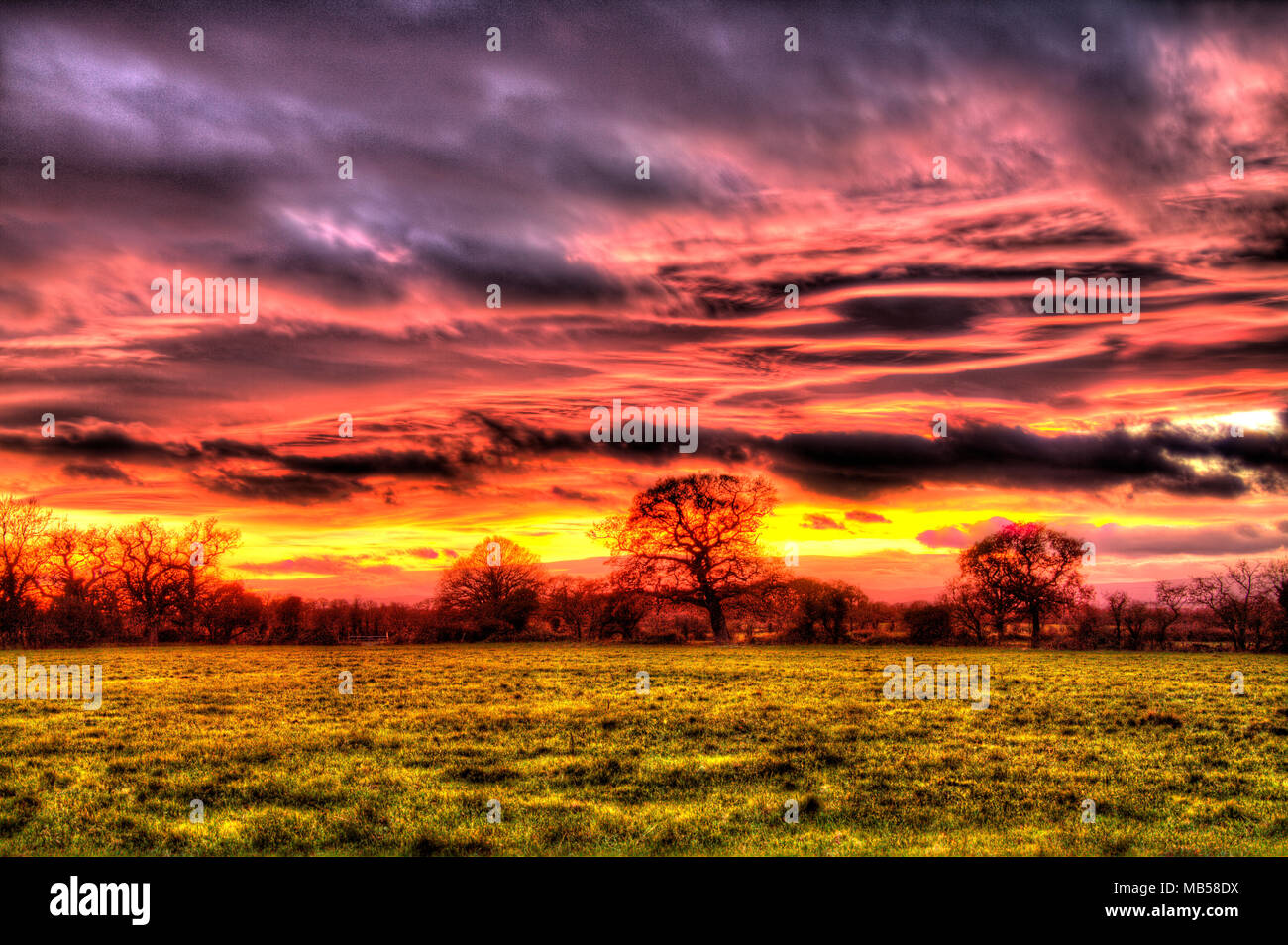 Villaggio di Coddington, Inghilterra. Artistico vista tramonto oltre i confini delle zone rurali Cheshire e il Galles del Nord. Foto Stock