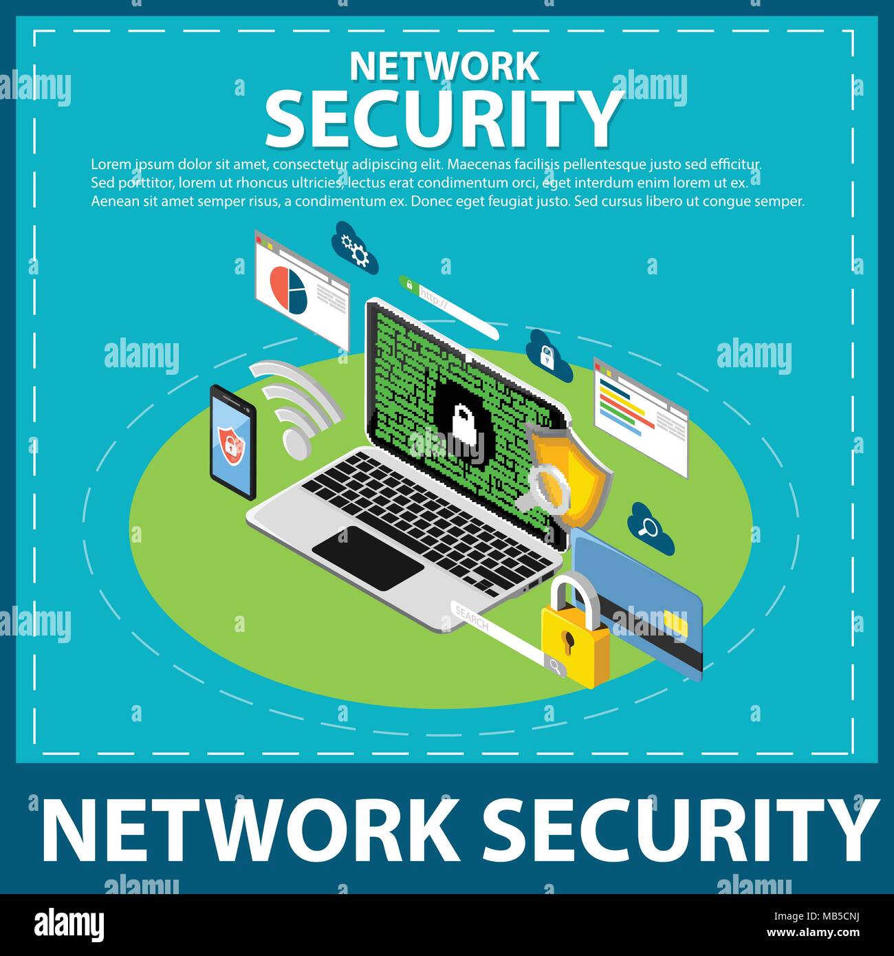 Internet e la sicurezza della rete isometrica Icone Illustrazione Vettoriale