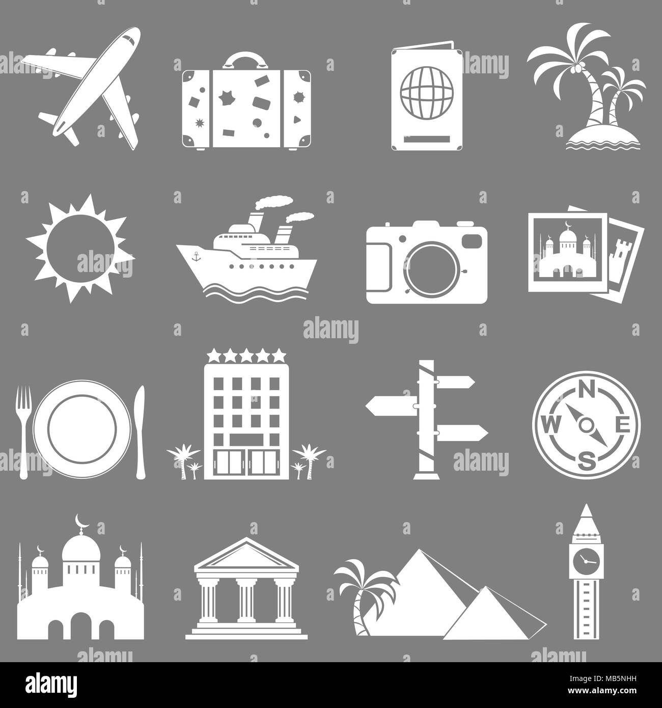 Viaggi e le icone dei punti di riferimento su sfondo grigio Illustrazione Vettoriale