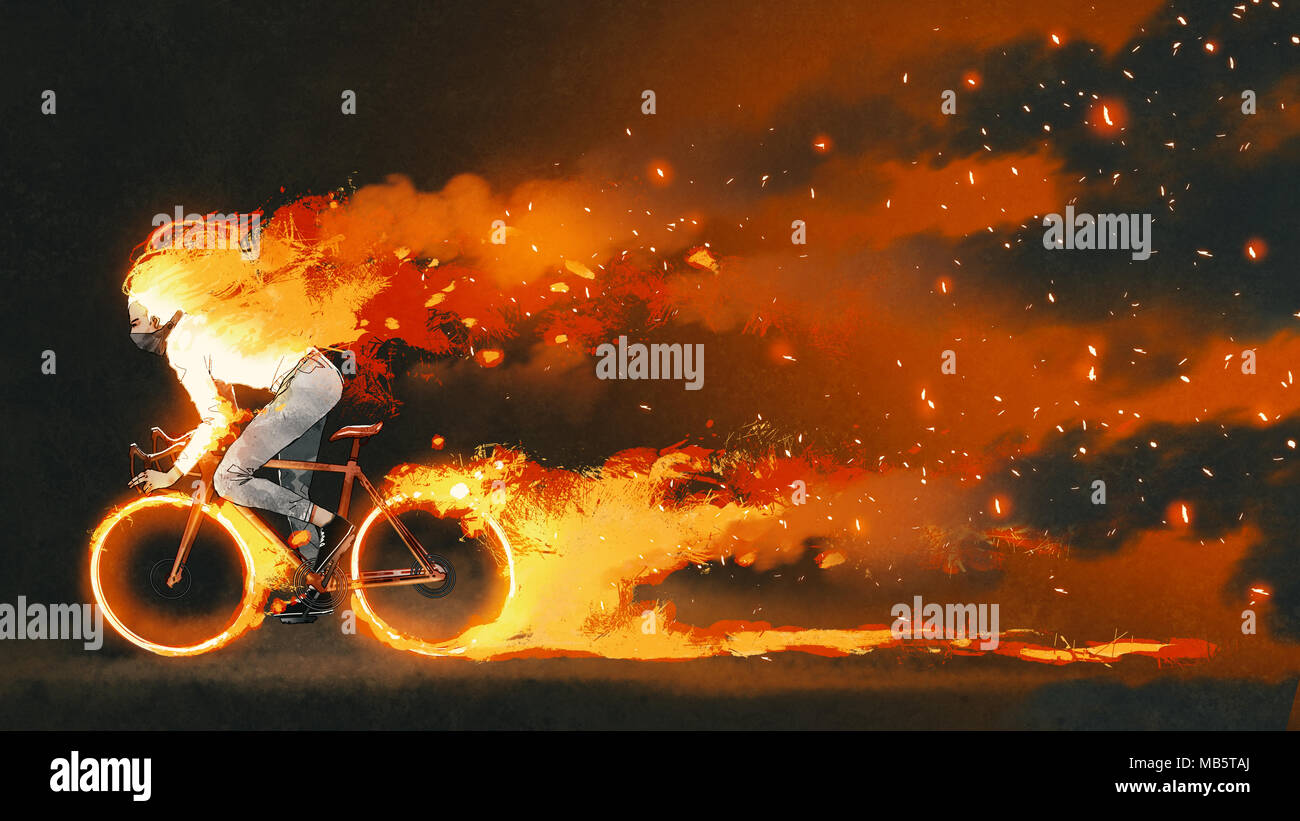 Uomo in sella ad una mountain bike con fuoco ardente su sfondo scuro, arte digitale stile, illustrazione pittura Foto Stock