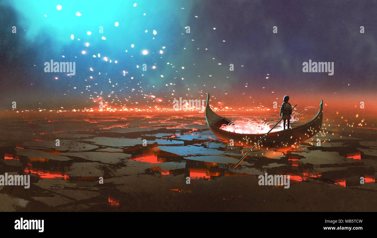 Mondo fantastico scenario che mostra un ragazzo remare una barca in terra vulcanica, arte digitale stile, illustrazione pittura Foto Stock