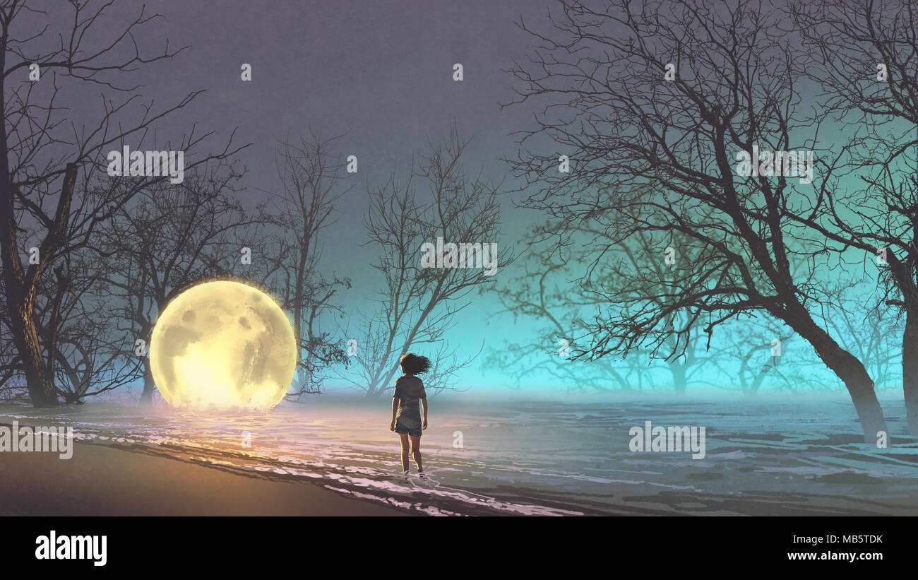 Paesaggio notturno della giovane donna che guarda la luna caduti sul lago, arte digitale stile, illustrazione pittura Foto Stock