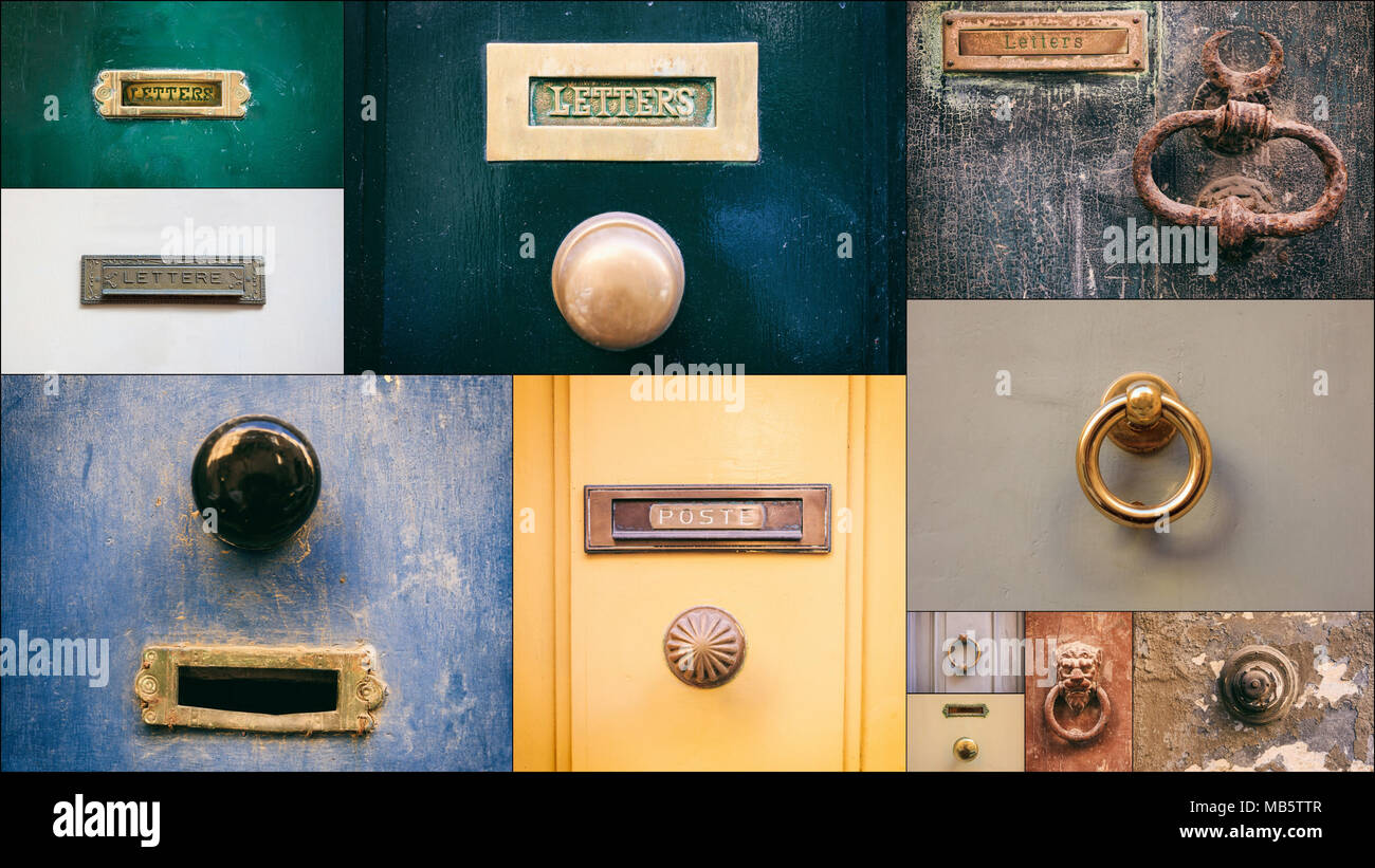 Collage di porta vecchia mail letter box, battenti della porta e porta manopole sulla casa porte anteriori Foto Stock