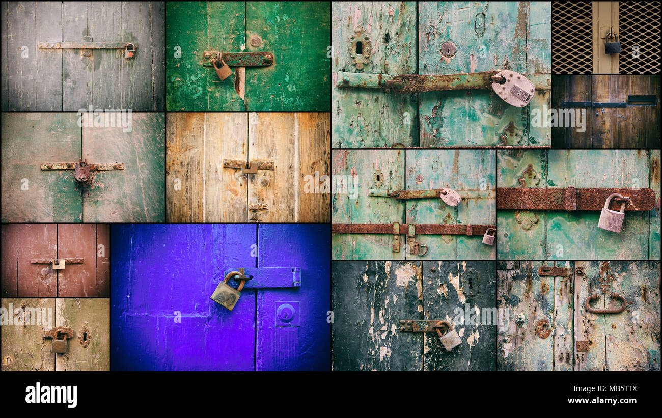 Porte chiuse con lucchetti collage. Chiuso il vecchio arrugginito lucchetti sul weathered porte di legno, primo piano Foto Stock