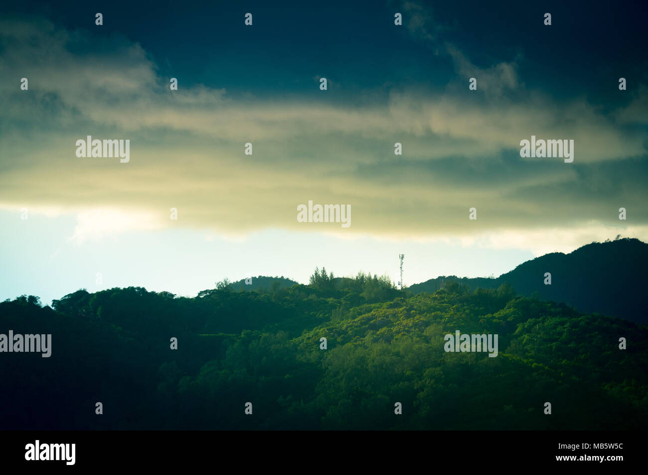 Giungla verde tettoia con torre di comunicazione e cielo nuvoloso Seychelles Foto Stock