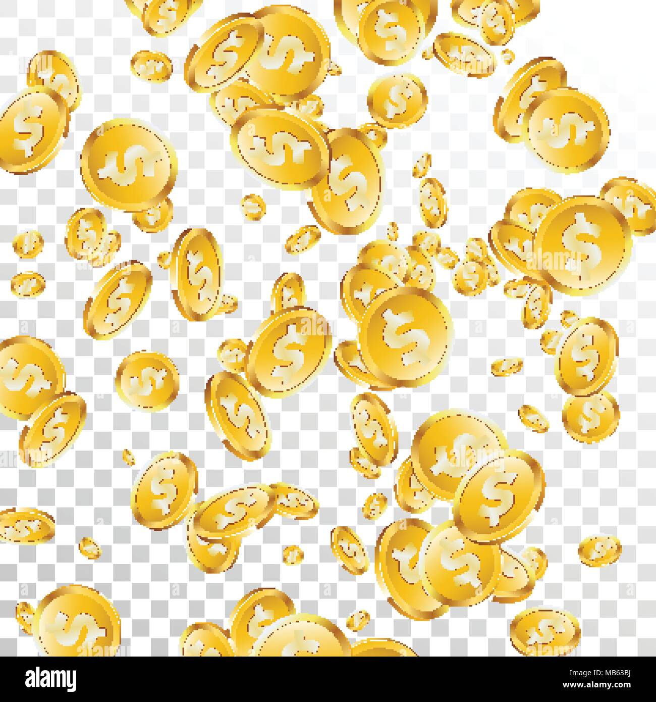 Realistica delle monete in oro immagine su sfondo trasparente. Isolato la caduta di moneta con il simbolo del dollaro. Il successo di vettore concept design. Illustrazione Vettoriale