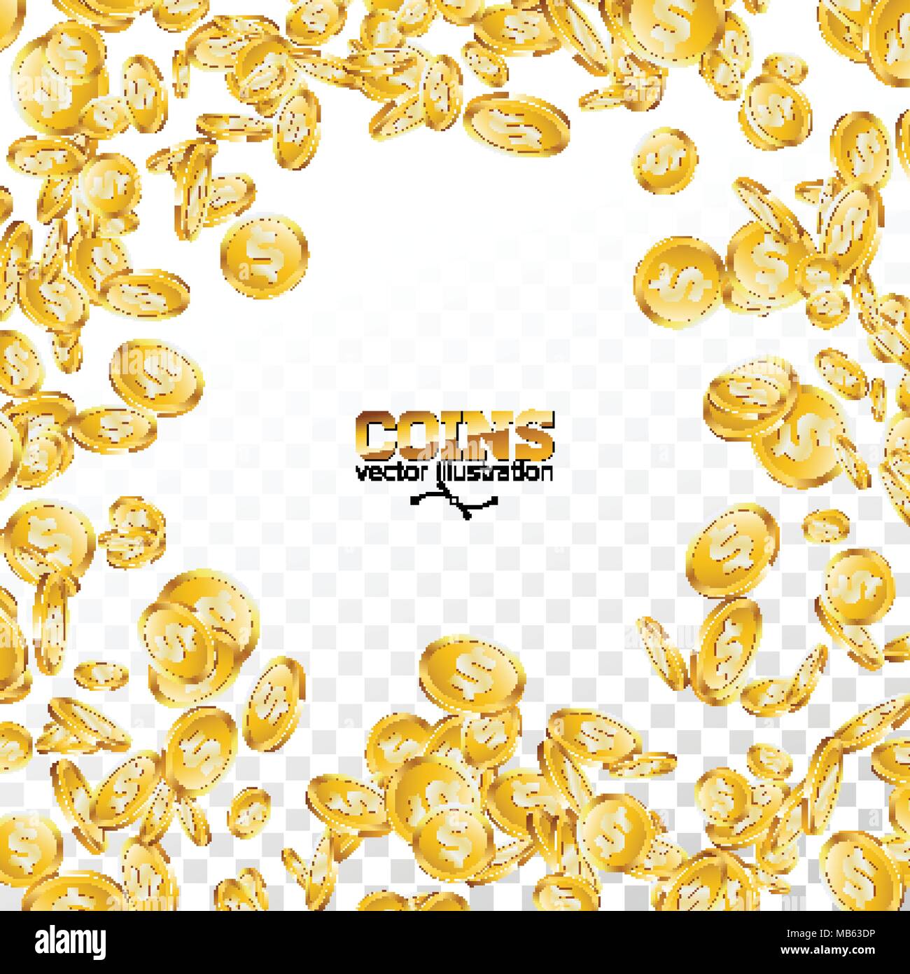 Realistica delle monete in oro immagine su sfondo trasparente. Isolato la caduta di moneta con il simbolo del dollaro. Il successo di vettore concept design. Illustrazione Vettoriale