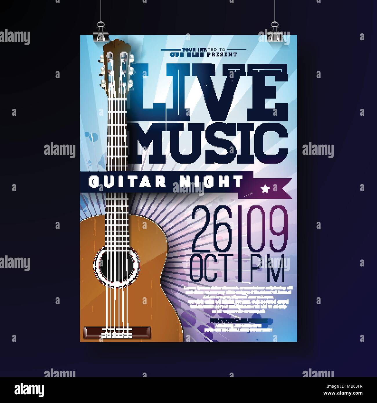 Musica dal vivo flyer design con la chitarra acustica su grunge background. Illustrazione Vettoriale modello per invito poster, banner promozionali, brochure o biglietto di auguri. Illustrazione Vettoriale