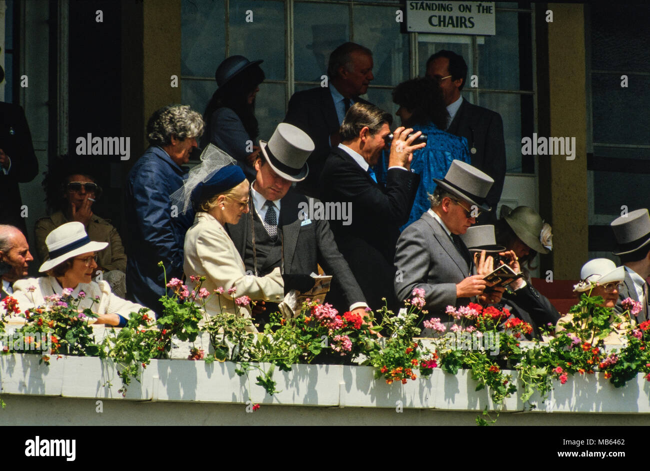 Il Derby corsa di cavalli a Epsom Surrey 1985 Il 1985 Epsom Derby (noto come sempre pronto Derby per motivi di sponsorizzazione) era il 206th esecuzione annuale del Derby corsa di cavalli. Esso ha avuto luogo presso la Epsom Downs Racecourse il 5 giugno 1985. La gara è stata vinta da Lord Howard de Walden slittamento del tassello, in contrasto di 9/4 cavalcato da jockey Steve Cauthen e addestrati a Newmarket da Henry Cecil. La vittoria è un primo successo in gara per il proprietario, il trainer e il fantino. Cauthen divenne il primo uomo a guidare i vincitori di entrambi il Kentucky Derby e l'Epsom Derby. Foto Stock