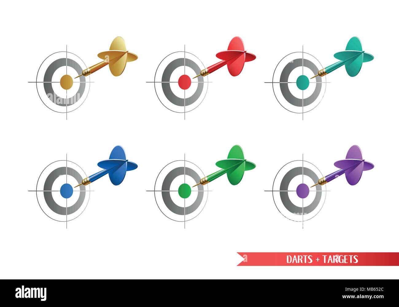 Set di colorati freccette e bersagli per i vostri lavori creativi. Tutti gli elementi isolati su sfondo bianco. Illustrazione Vettoriale. Illustrazione Vettoriale