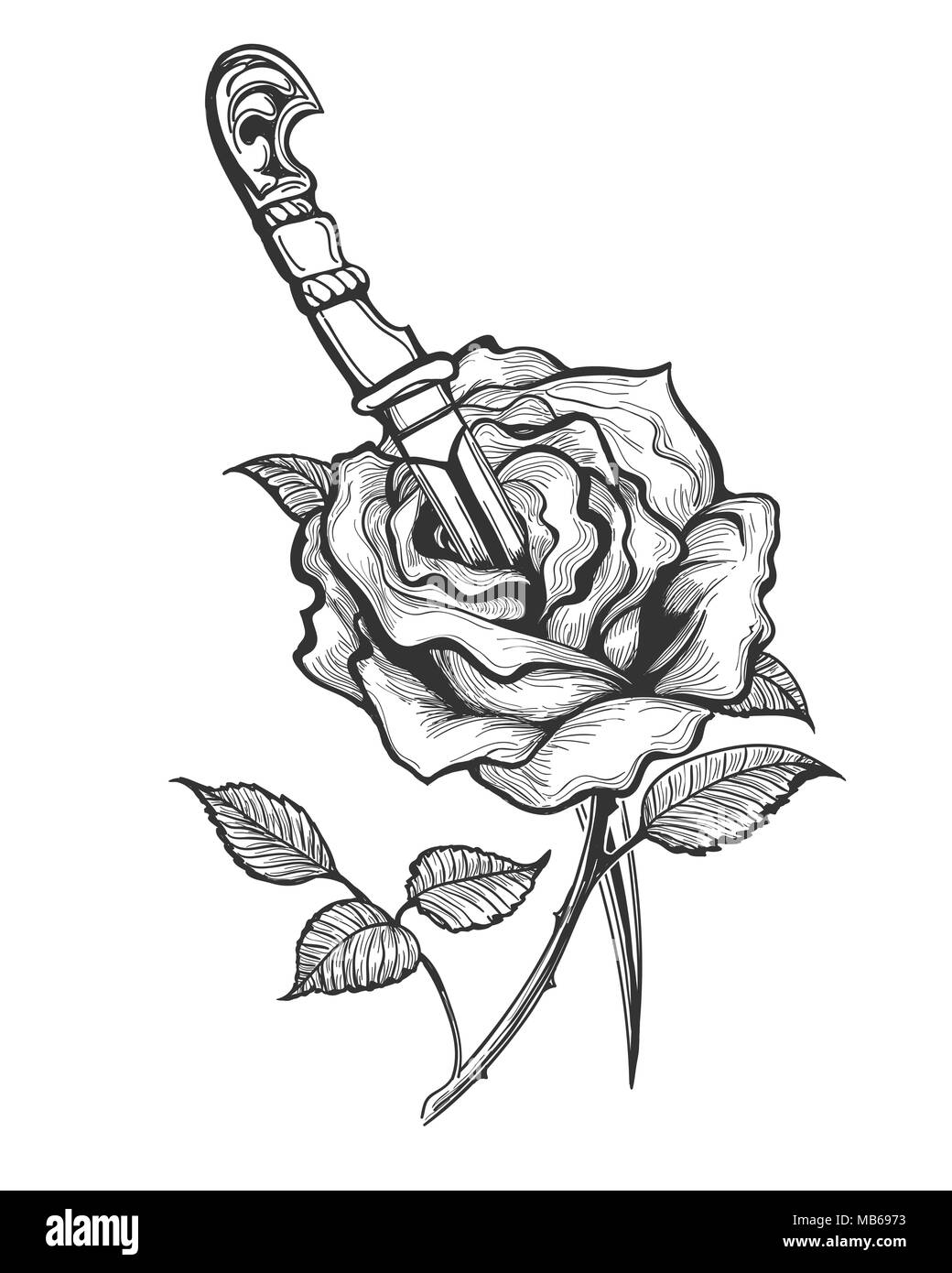Tatuaggio di Rose fiore piersed dal pugnale. Illustrazione Vettoriale. Illustrazione Vettoriale