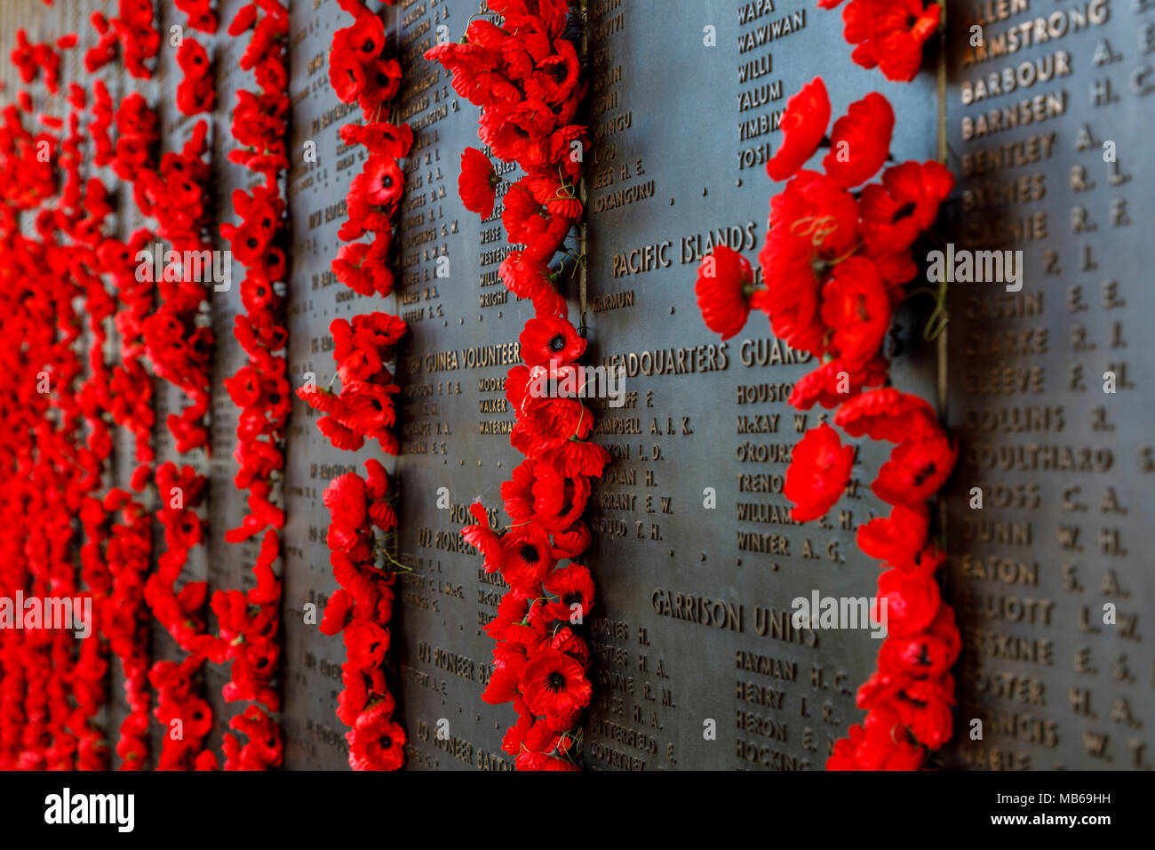 Papaveri rossi segnato accanto ai nomi dei soldati deceduti in Australian War Memorial, Canberra, Australia Foto Stock