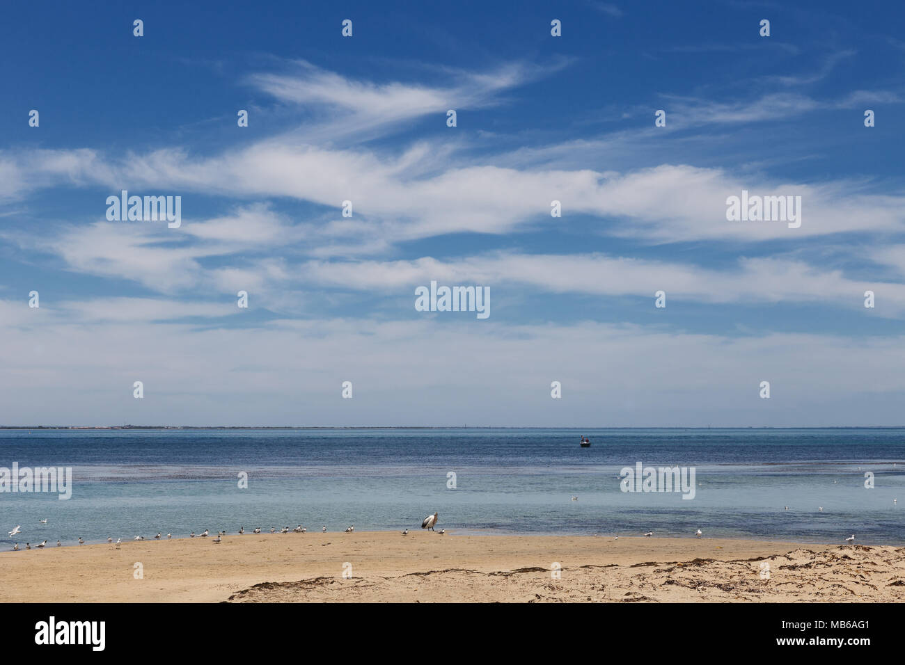 Wisps del cloud contro un cielo azzurro sopra Isola dei pinguini, Rockingham, Australia occidentale Foto Stock