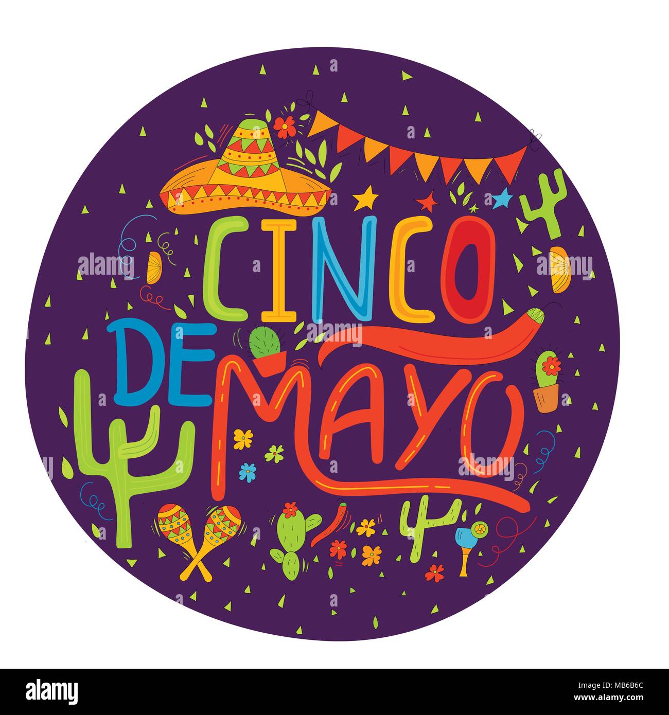 Banner o carta per il Cinco de Mayo celebrazione. Holiday poster con disegnati a mano calligraphy lettering, sombrero, cactus, peperoncino, tequila e maracas. Vec Illustrazione Vettoriale