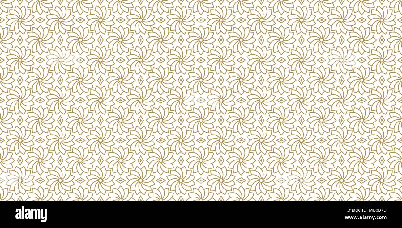 Golden motivo floreale, parte 02. Seamless pattern dorato con fiore in contorni e rombi su fondo bianco. Può utilizzare per avvolgere carta, tex Illustrazione Vettoriale