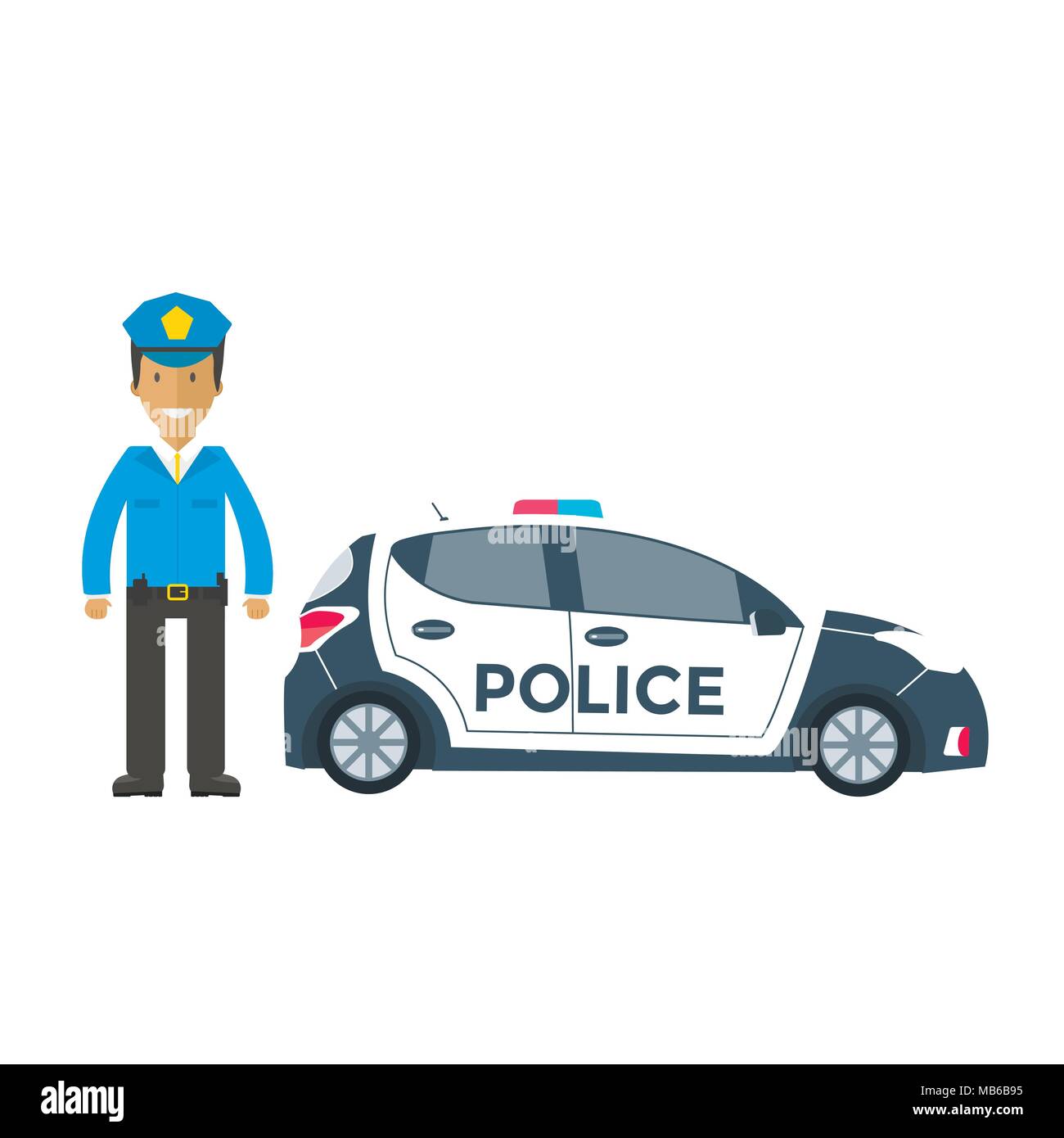 Vector auto della polizia vista laterale e officer isolato su bianco con luce lampeggiante, sirena. Un poliziotto in uniforme. Appartamento illustrazione vettoriale del veicolo. Illustrazione Vettoriale