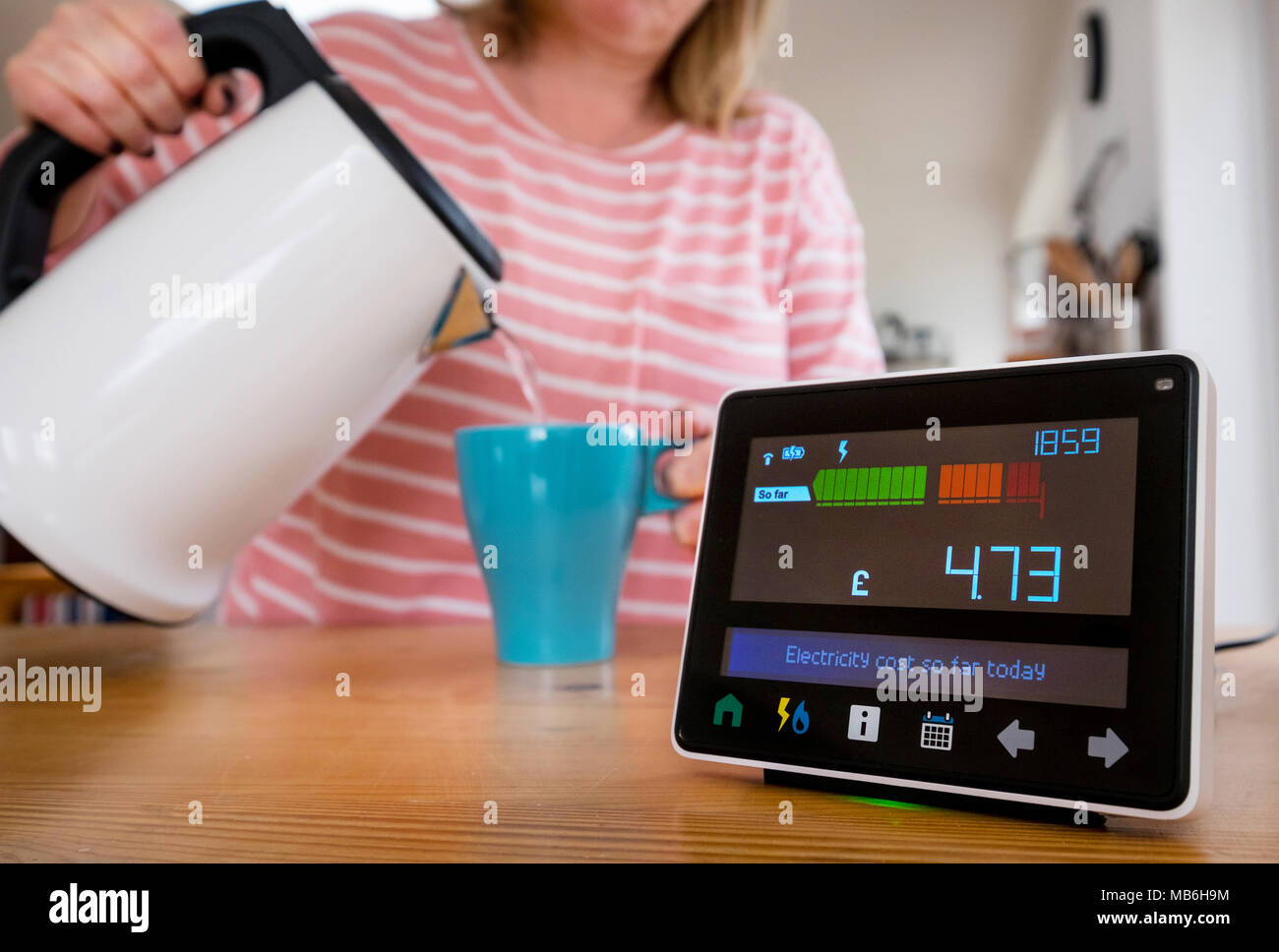 Monitor di energia ( Smart Meter )nella cucina di una casa del Regno Unito come una donna fa una tazza di tè Foto Stock
