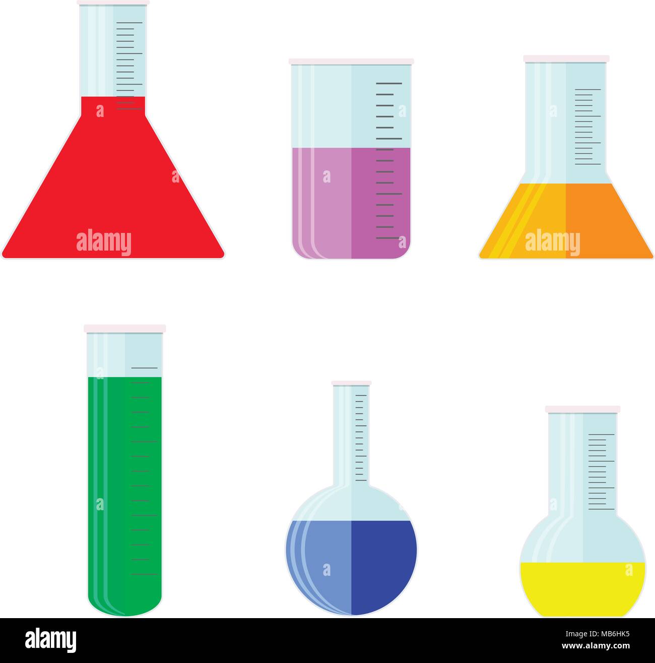 Labware prodotti chimici tossici e fluidi. Laboratorio di vetro con una sostanza colorata e toccò il fondo, illustrazione vettoriale Illustrazione Vettoriale