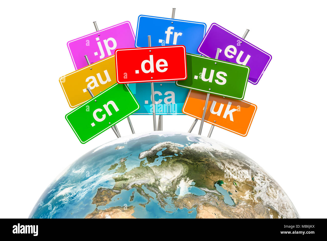 Globo terrestre con il country code top-level domain nomi, 3D rendering isolati su sfondo bianco Foto Stock