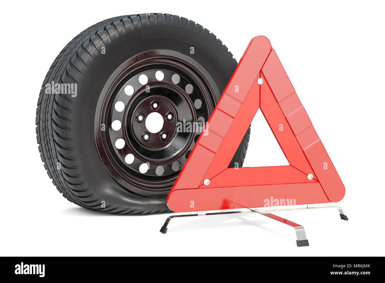 Forata auto ruota di emergenza con un triangolo di avvertimento. Il rendering 3D Foto Stock