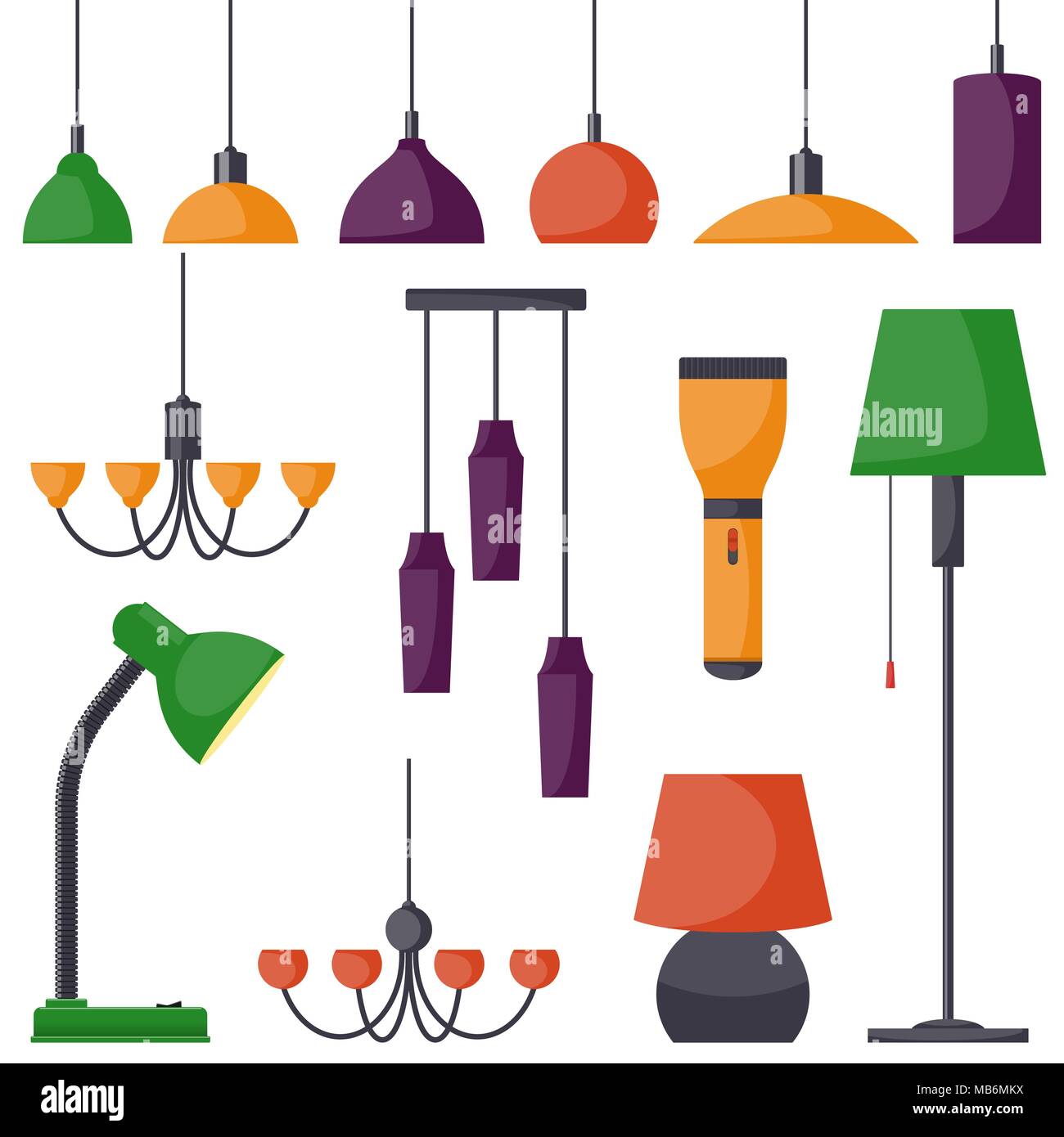 Lampade di diverse tipologie, set. Lampadari, lampade, lampadine, lampada da tavolo, torcia, lampada da terra - elementi di arredamento moderno. Illustrazione Vettoriale in fla Illustrazione Vettoriale