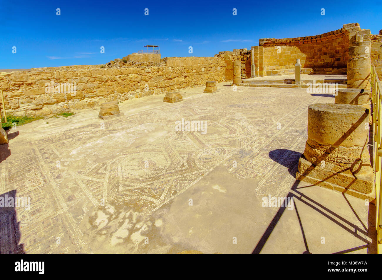 Vista del pavimento a mosaico della chiesa di San Nilo, nel sito archeologico della città di Nabataean di Mamshit, oggi un parco nazionale. Israele sud Foto Stock