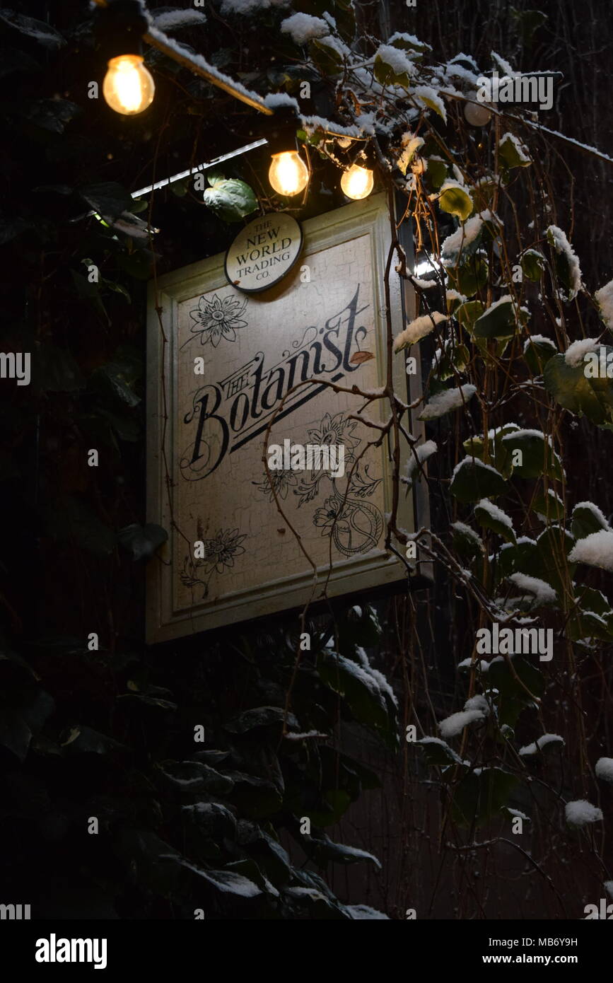 Chester il botanico di firmare con uno strato di neve Foto Stock