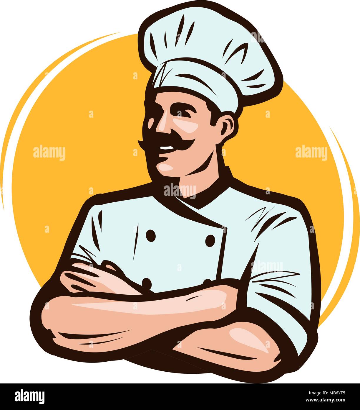 Cook, Chef logo o etichetta. Ristorante concetto. Fumetto illustrazione vettoriale Illustrazione Vettoriale