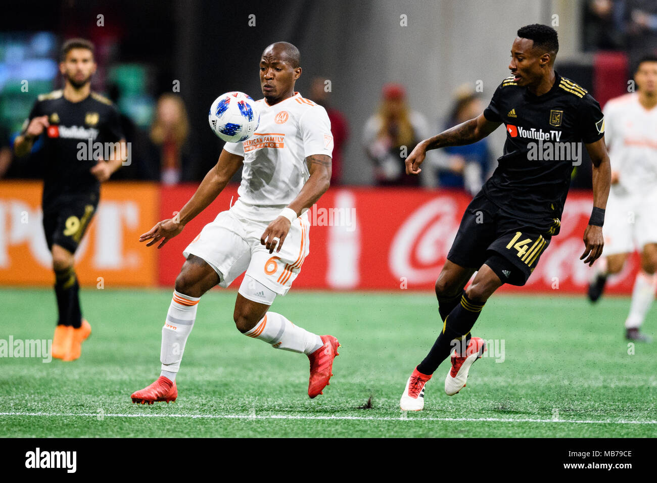 Atlanta, Stati Uniti d'America. 7 Aprile, 2018. Atlanta Regno centrocampista Darlington Nagbe (6) durante la sequenza di lunghezza massima MLS partita di calcio tra la Los Angeles FC e Atlanta uniti al Mercedes-Benz Stadium Sabato 7 Aprile, 2018 a Atlanta, GA. Giacobbe Kupferman/CSM Credito: Cal Sport Media/Alamy Live News Foto Stock