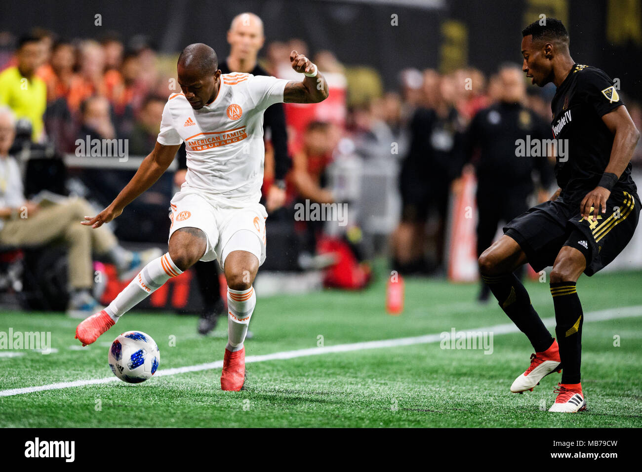Atlanta, Stati Uniti d'America. 7 Aprile, 2018. Atlanta Regno centrocampista Darlington Nagbe (6) durante la sequenza di lunghezza massima MLS partita di calcio tra la Los Angeles FC e Atlanta uniti al Mercedes-Benz Stadium Sabato 7 Aprile, 2018 a Atlanta, GA. Giacobbe Kupferman/CSM Credito: Cal Sport Media/Alamy Live News Foto Stock