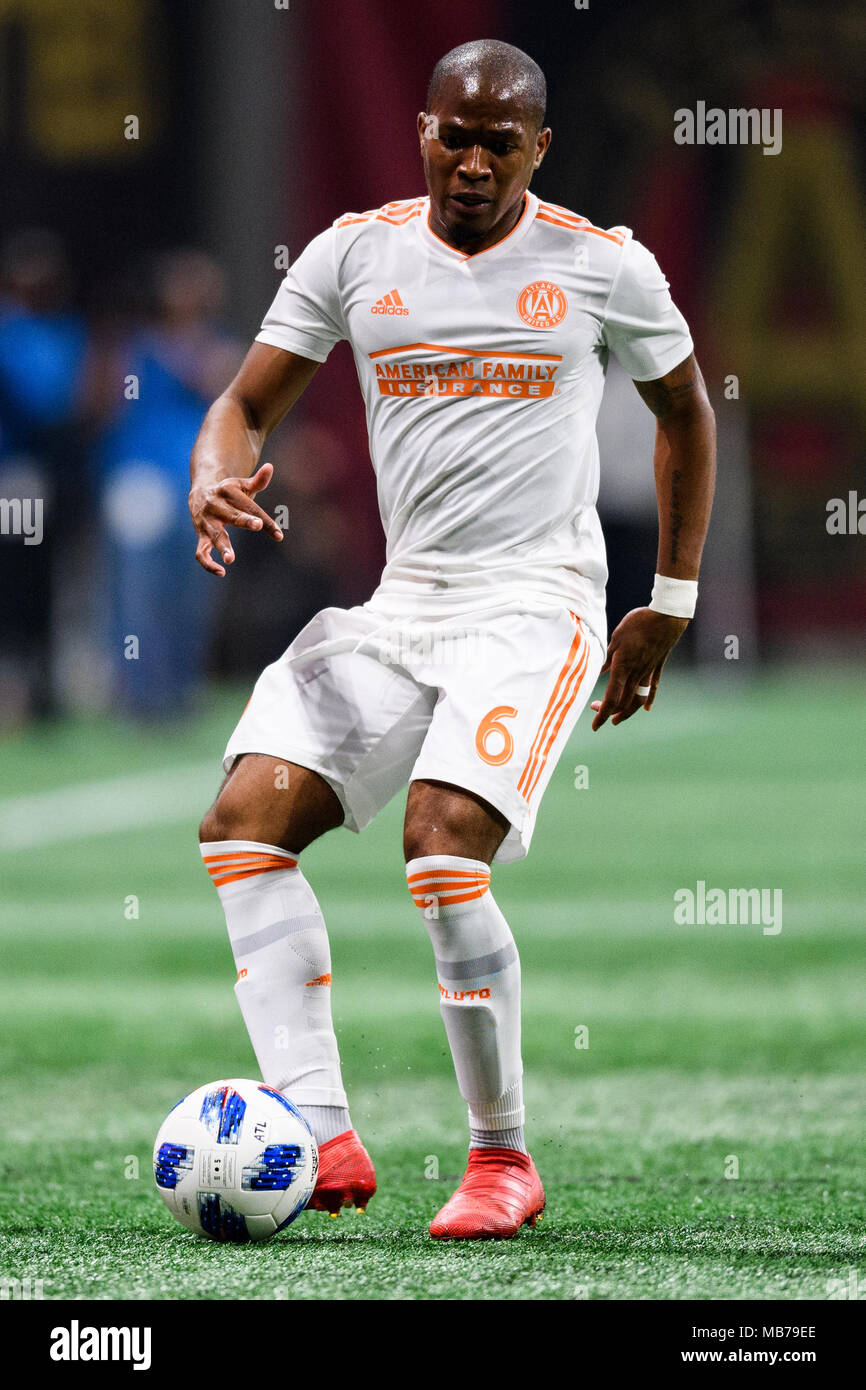 Atlanta, Stati Uniti d'America. 7 Aprile, 2018. Atlanta Regno centrocampista Darlington Nagbe (6) durante la sequenza di lunghezza massima MLS partita di calcio tra la Los Angeles FC e Atlanta uniti al Mercedes-Benz Stadium Sabato 7 Aprile, 2018 a Atlanta, GA. Giacobbe Kupferman/CSM Credito: Cal Sport Media/Alamy Live News Foto Stock