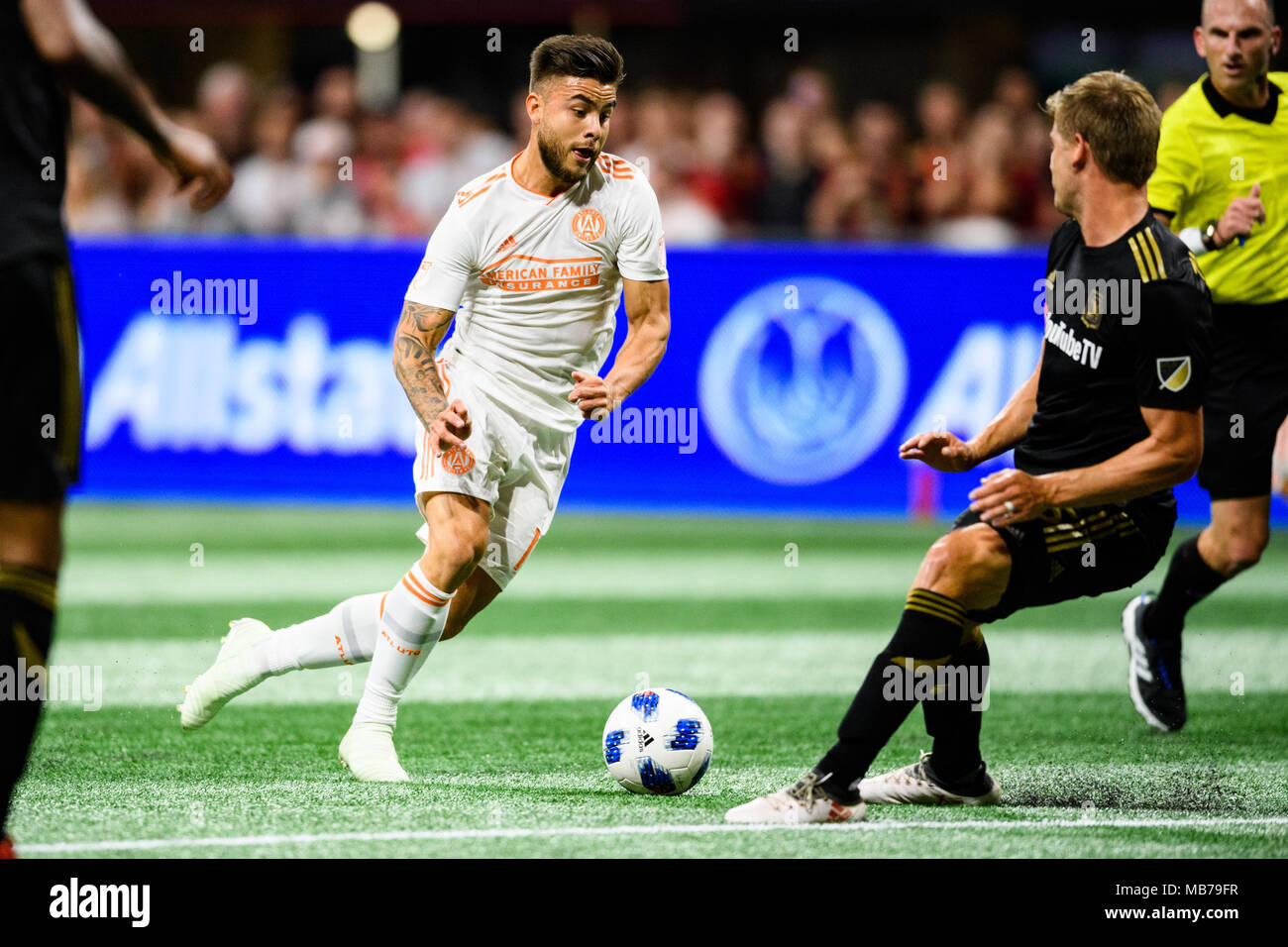 Atlanta, Stati Uniti d'America. 7 Aprile, 2018. Atlanta regno avanti Héctor Villalba (15) durante la sequenza di lunghezza massima MLS partita di calcio tra la Los Angeles FC e Atlanta uniti al Mercedes-Benz Stadium Sabato 7 Aprile, 2018 a Atlanta, GA. Giacobbe Kupferman/CSM Credito: Cal Sport Media/Alamy Live News Foto Stock