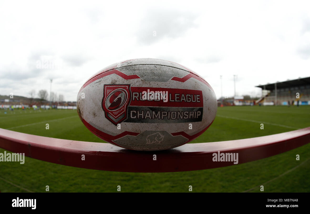 Fox in biscuit Stadium, Batley, West Yorkshire, 7 aprile 2018. Betfred Rugby League Championship : Batley Bulldogs vs Toronto Wolfpack generale vista allo stadio della Fox in biscuit Stadium davanti a Batley Bulldogs vs Wolfpack di Toronto. Credito: Touchlinepics/Alamy Live News Foto Stock